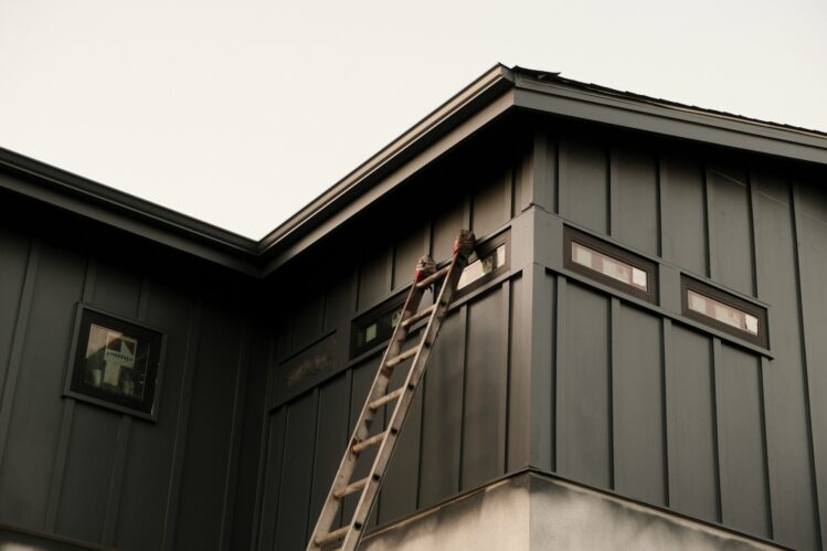 A ladder leans against the upper level of a home with black fiber cement board-and-batten siding installed.